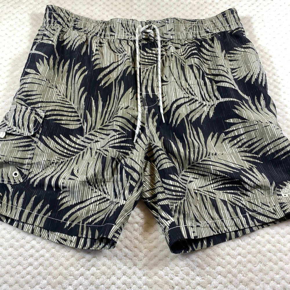 Caribbean Joe Mens XL Black Brown Palm Tree Camo Swim Trunk Shorts Lined Pockets